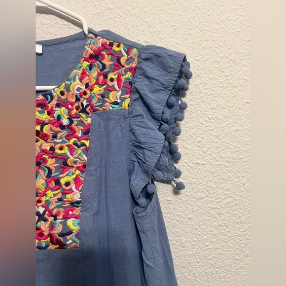 Blue Ruffled Sundress with Embellished Crew Neck - Picture 4 of 7